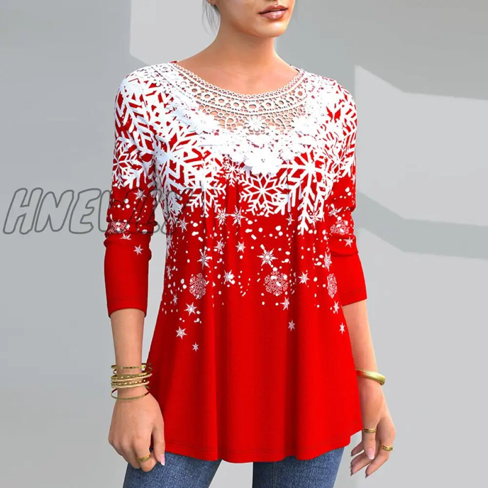 Hnewly Vintage Women Christmas Print Tees Spring Autumn Fashion O Neck Long Sleeve T-Shirts Elegant