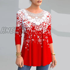 Hnewly Vintage Women Christmas Print Tees Spring Autumn Fashion O Neck Long Sleeve T-Shirts Elegant
