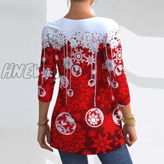 Hnewly Vintage Women Christmas Print Tees Spring Autumn Fashion O Neck Long Sleeve T-Shirts Elegant