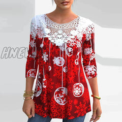 Hnewly Vintage Women Christmas Print Tees Spring Autumn Fashion O Neck Long Sleeve T-Shirts Elegant