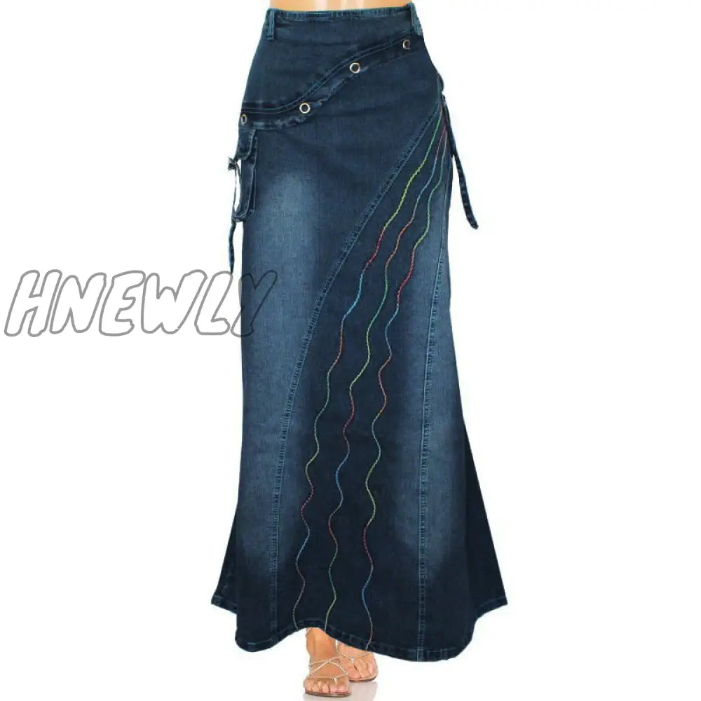 Hnewly Vintage Women Jeans Long Skirt Gothic Fashion Casual Denim Back Slit Elastic Pull On Slim