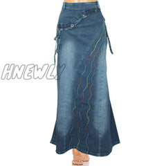 Hnewly Vintage Women Jeans Long Skirt Gothic Fashion Casual Denim Back Slit Elastic Pull On Slim