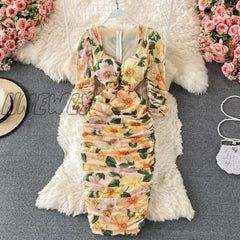 Hnewly Vintage Women Pleated Long Dress Flower Printed Square Collar High Waist Draped Robe Female