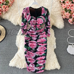 Hnewly Vintage Women Pleated Long Dress Flower Printed Square Collar High Waist Draped Robe Female