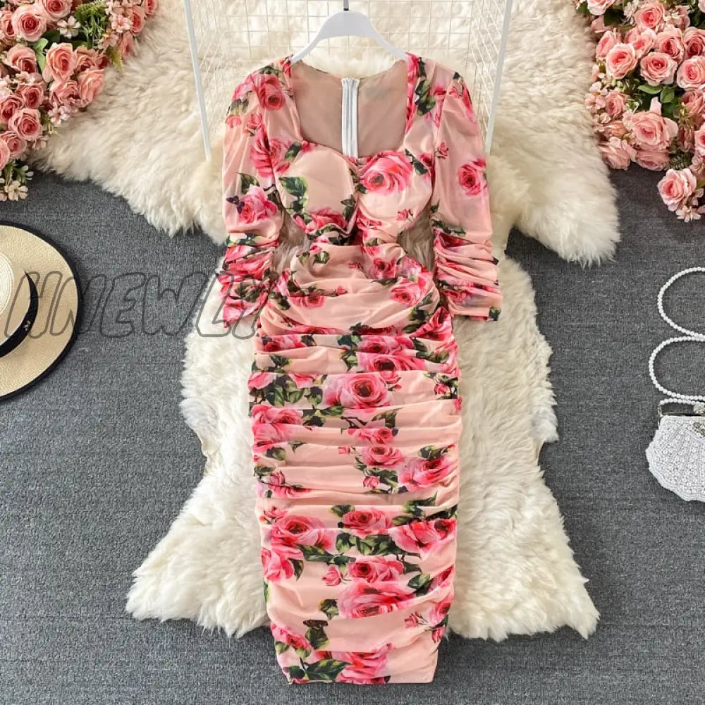 Hnewly Vintage Women Pleated Long Dress Flower Printed Square Collar High Waist Draped Robe Female