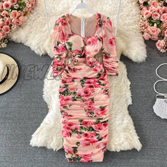 Hnewly Vintage Women Pleated Long Dress Flower Printed Square Collar High Waist Draped Robe Female