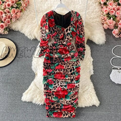Hnewly Vintage Women Pleated Long Dress Flower Printed Square Collar High Waist Draped Robe Female