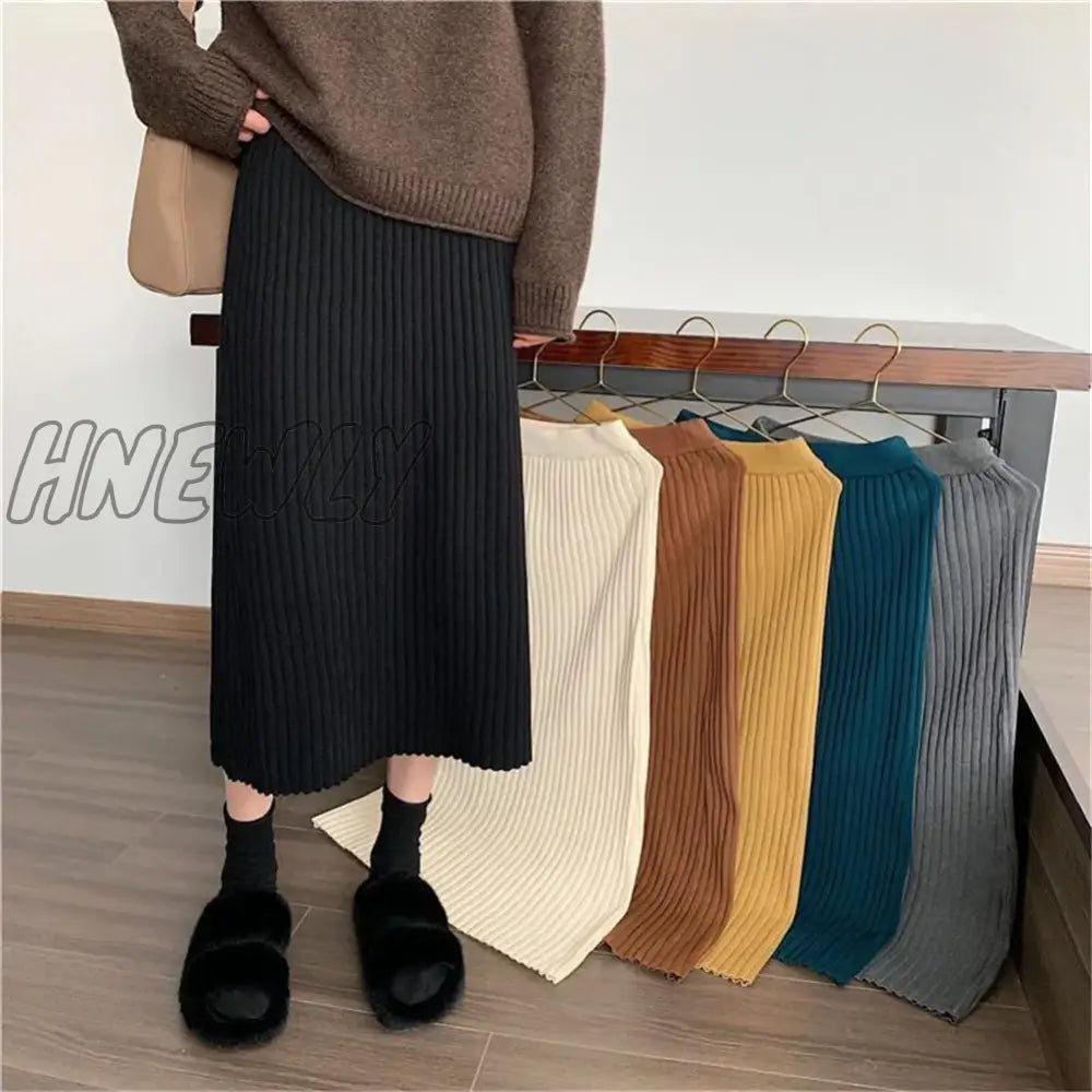 Hnewly Vintage Women Thick Sweater Skirt Elastic High Waist Pleated Midi Knitted Skirt Pencil