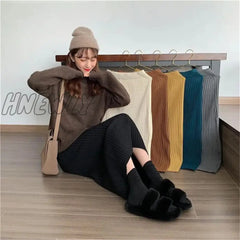 Hnewly Vintage Women Thick Sweater Skirt Elastic High Waist Pleated Midi Knitted Skirt Pencil