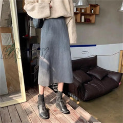 Hnewly Vintage Women Thick Sweater Skirt Elastic High Waist Pleated Midi Knitted Skirt Pencil