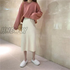 Hnewly Vintage Women Thick Sweater Skirt Elastic High Waist Pleated Midi Knitted Skirt Pencil