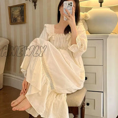 Hnewly Vintage Women’s Sleepwear Princess Dress Royal Style Cotton Square Neck Pajamas