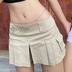 Hnewly Vintage Y2K Pleated Mini Skirt Women Fashion Low Waist Pocket Patchwork Solid Micro Summer