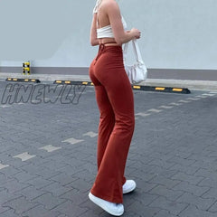 Hnewly Weird Puss Casual Bandage Women Y2K Flare Pants Skinny Belly Button High Waist Trousers