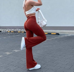 Hnewly Weird Puss Casual Bandage Women Y2K Flare Pants Skinny Belly Button High Waist Trousers