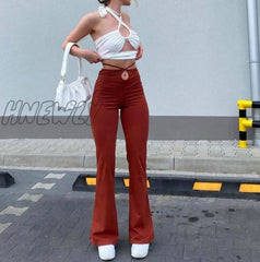 Hnewly Weird Puss Casual Bandage Women Y2K Flare Pants Skinny Belly Button High Waist Trousers