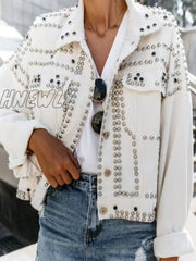 Hnewly - White Casual Solid Hot Drill Turndown Collar Long Sleeve Loose Denim Jacket Coats Blazer &