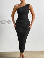 Hnewly White Double Layer Mesh Midi Dresses For Women One Shoulder Backless Ruched Summer Dress