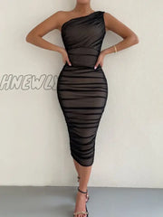 Hnewly White Double Layer Mesh Midi Dresses For Women One Shoulder Backless Ruched Summer Dress