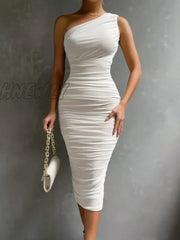 Hnewly White Double Layer Mesh Midi Dresses For Women One Shoulder Backless Ruched Summer Dress