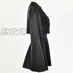 Hnewly White Elegant Satin 2 Two Piece Set Women Lantern Long Sleeves Crop Tops Cardigan Sexy High