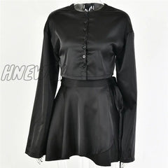 Hnewly White Elegant Satin 2 Two Piece Set Women Lantern Long Sleeves Crop Tops Cardigan Sexy High