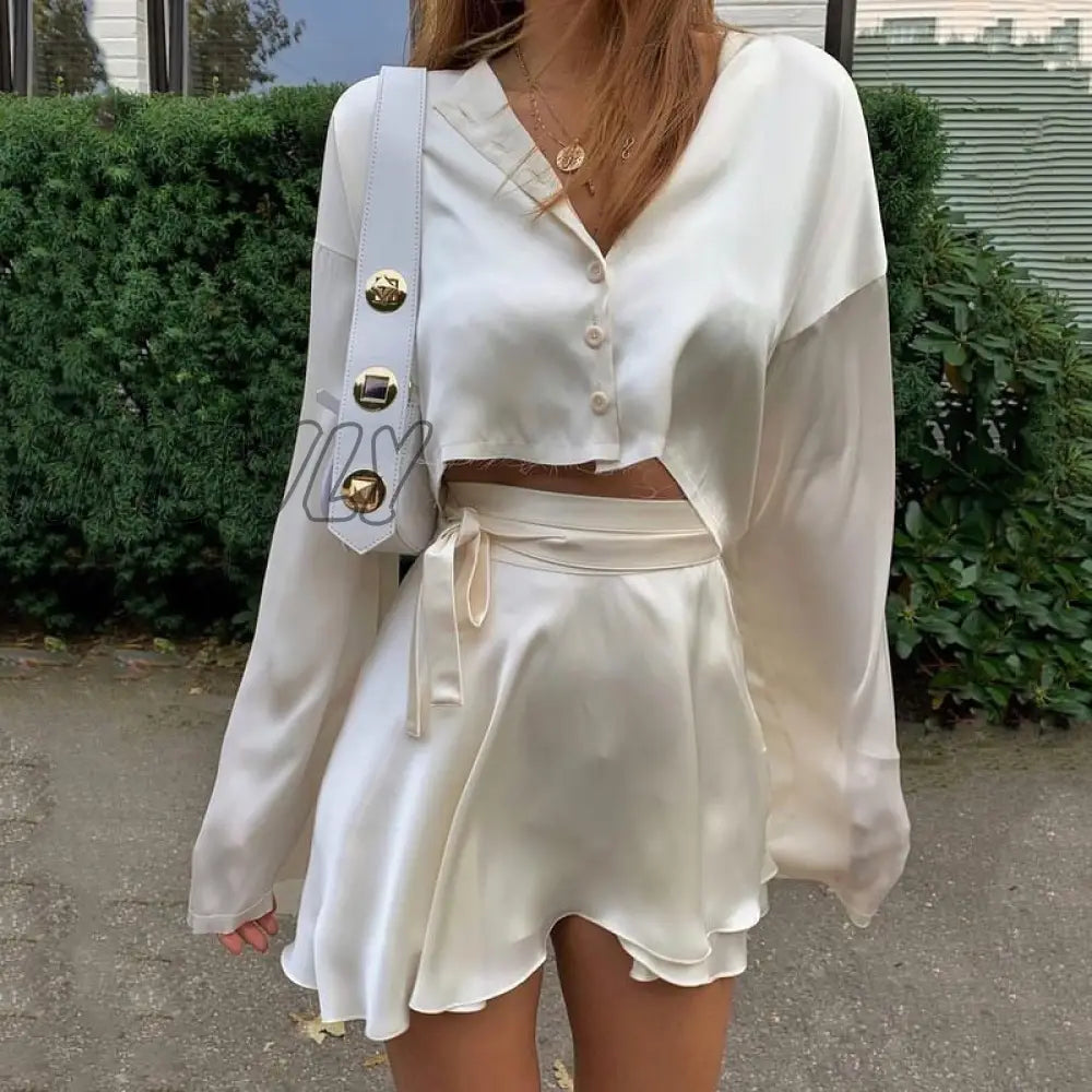 Hnewly White Elegant Satin 2 Two Piece Set Women Lantern Long Sleeves Crop Tops Cardigan Sexy High