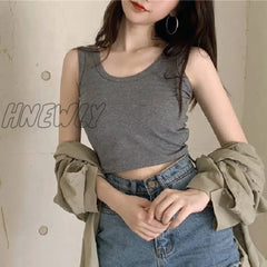 Hnewly White Knitted Round Neck Women T - Shirt Sexy Sleeveless Camisole Crop Top Woman Tight