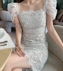 Hnewly White Lace Dress Women Square Neck Puff Sleeve Hook Flower Hollow Party Dresses Vestidos