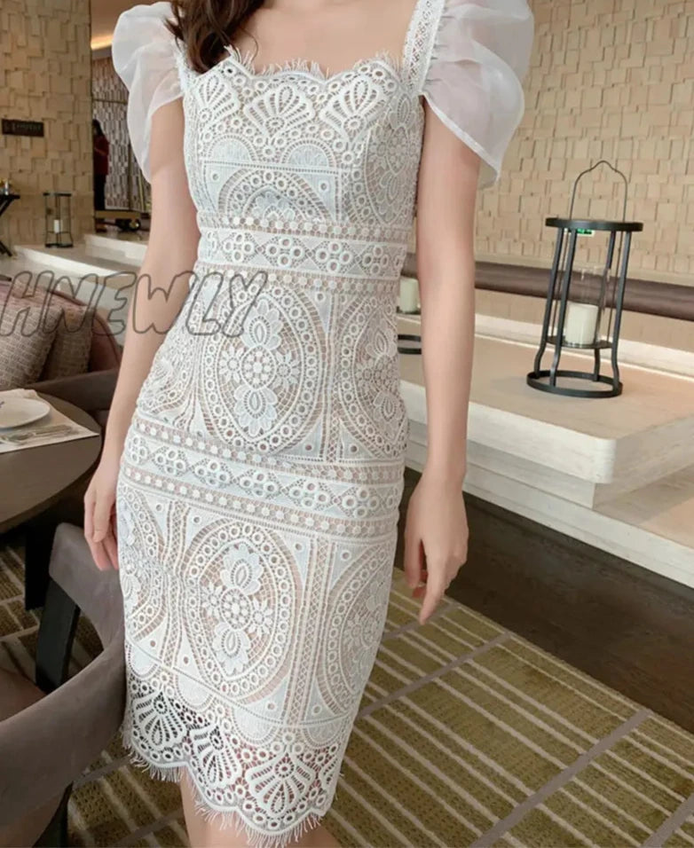 Hnewly White Lace Dress Women Square Neck Puff Sleeve Hook Flower Hollow Party Dresses Vestidos