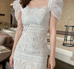 Hnewly White Lace Dress Women Square Neck Puff Sleeve Hook Flower Hollow Party Dresses Vestidos