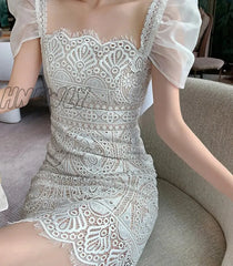 Hnewly White Lace Dress Women Square Neck Puff Sleeve Hook Flower Hollow Party Dresses Vestidos