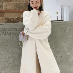 Hnewly White Long Cardigan For Women Winter Clothes Knitted Fluffy Long Sleeve Cashmere Sweater