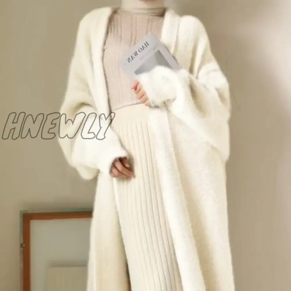 Hnewly White Long Cardigan For Women Winter Clothes Knitted Fluffy Long Sleeve Cashmere Sweater