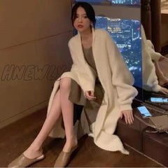 Hnewly White Long Cardigan For Women Winter Clothes Knitted Fluffy Long Sleeve Cashmere Sweater
