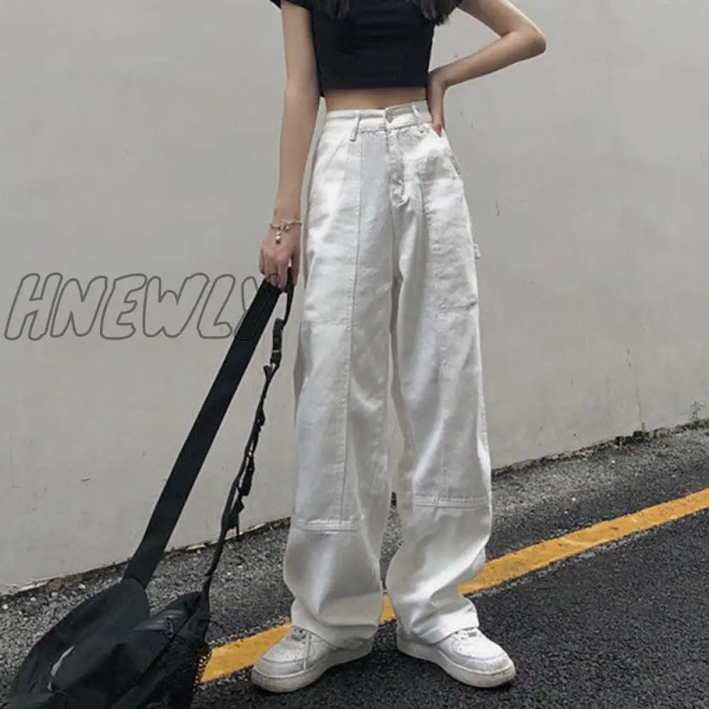 Hnewly White Straight Jeans For Women Autumn New Casual Wide Leg Pants Ladies Streetwear Loose High