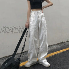 Hnewly White Straight Jeans For Women Autumn New Casual Wide Leg Pants Ladies Streetwear Loose High