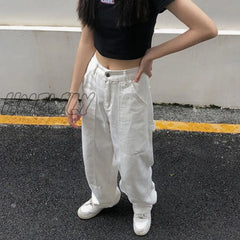 Hnewly White Straight Jeans For Women Autumn New Casual Wide Leg Pants Ladies Streetwear Loose High