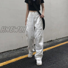 Hnewly White Straight Jeans For Women Autumn New Casual Wide Leg Pants Ladies Streetwear Loose High