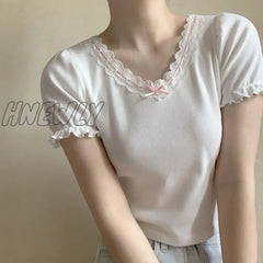 Hnewly White T - Shirt For Sweet Girl Ribbon Lace Trim V - Neck Bowknot Puff Sleeve Slim Cotton