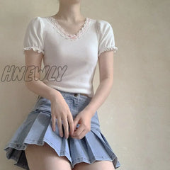 Hnewly White T - Shirt For Sweet Girl Ribbon Lace Trim V - Neck Bowknot Puff Sleeve Slim Cotton