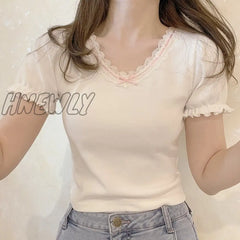 Hnewly White T - Shirt For Sweet Girl Ribbon Lace Trim V - Neck Bowknot Puff Sleeve Slim Cotton