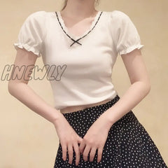 Hnewly White T - Shirt For Sweet Girl Ribbon Lace Trim V - Neck Bowknot Puff Sleeve Slim Cotton