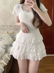 Hnewly White T Shirt Women Summer Lace Trim Bow Short Sleeve Slim Tops Clothes