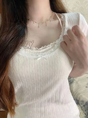 Hnewly White T Shirt Women Summer Lace Trim Bow Short Sleeve Slim Tops Clothes