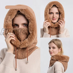 Hnewly Winter Fur Cap Mask Set Hooded For Women Knitted Cashmere Neck Warm Russia Outdoor Ski
