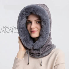 Hnewly Winter Fur Cap Mask Set Hooded For Women Knitted Cashmere Neck Warm Russia Outdoor Ski