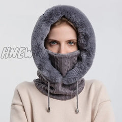 Hnewly Winter Fur Cap Mask Set Hooded For Women Knitted Cashmere Neck Warm Russia Outdoor Ski