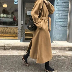 Hnewly Winter Korean Women Faux Woolen Coats Fashion Elegant Solid Belt Thickening Long Jacket