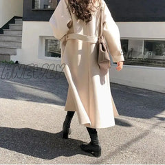 Hnewly Winter Korean Women Faux Woolen Coats Fashion Elegant Solid Belt Thickening Long Jacket